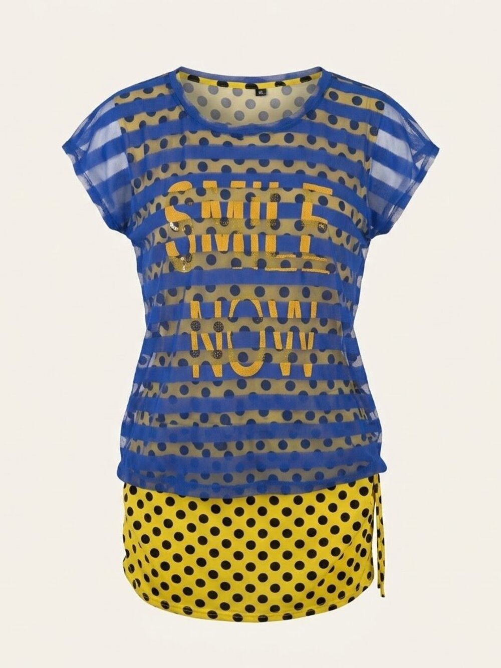 Y2K Clubwear Print/Mesh Layered Top - Sheer Blue Stripe & Yellow Polka Dot